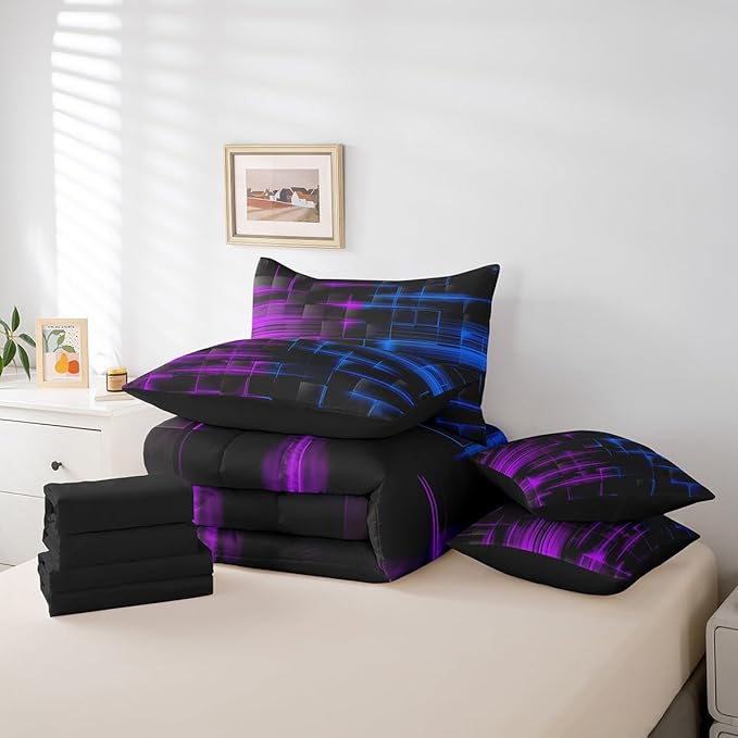 Feelyou Blue and Purple Comforter Set with Sheets 7 Piece Twin Size Kids Geometric Bed in a Bag Strip Lines Bedding Set Abstract Art Bed Set with Comforter, Sheets,Pillowcases,Cushion Covers