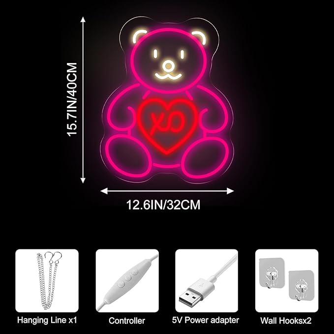 Pink Teddy Bear Neon Sign for Wall Decor, Sweet XO Heart LED Neon Light for Teen Girl Bedroom & Girlfriend Gift, Cute Neon Wall Art for Valentine’s Day Decor & Cozy Room Lighting 15.8"x12.6"