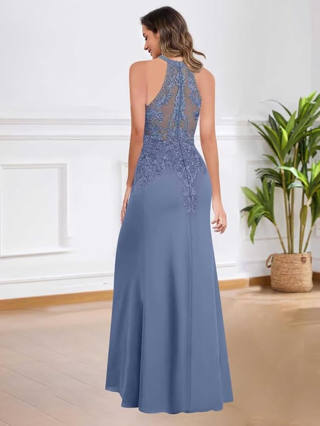 GUKARLEED Halter Lace Appliques Mother of The Bride Dresses for Women Long A-line Formal Wedding Guest Dress with Slit