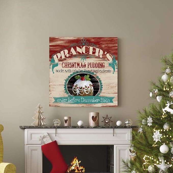 Renditions Gallery Prancer's Christmas Pudding Wall Art, Cute Winter Decor, Vintage Faux Wood Look, Festive, Premium Gallery Wrapped Canvas, Ready to Hang, 24 in H x 24 in W, Made in America