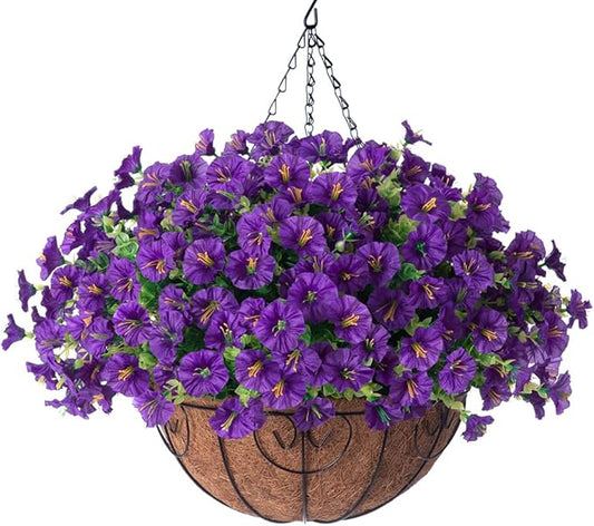 Artificial Fake Hanging Flowers Plants Basket for Outdoors Spring Decoration, Realistic Faux Silk Morning Glory for Outdoor Planters UV Resistant Artificial Flowers for Outside Porch Garden, Purple