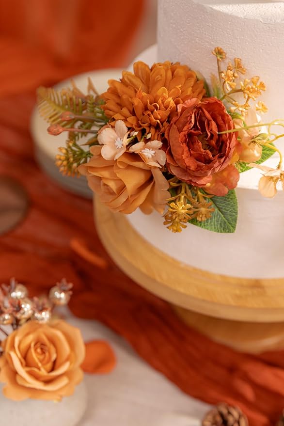 TINGE TIME 3Pcs Pre-made Cake Toppers，Silk Artificial Flowers Decor，Cake Decorations for Weddings, Birthdays, Party,Baby Shower,Celebration (Burnt Orange)