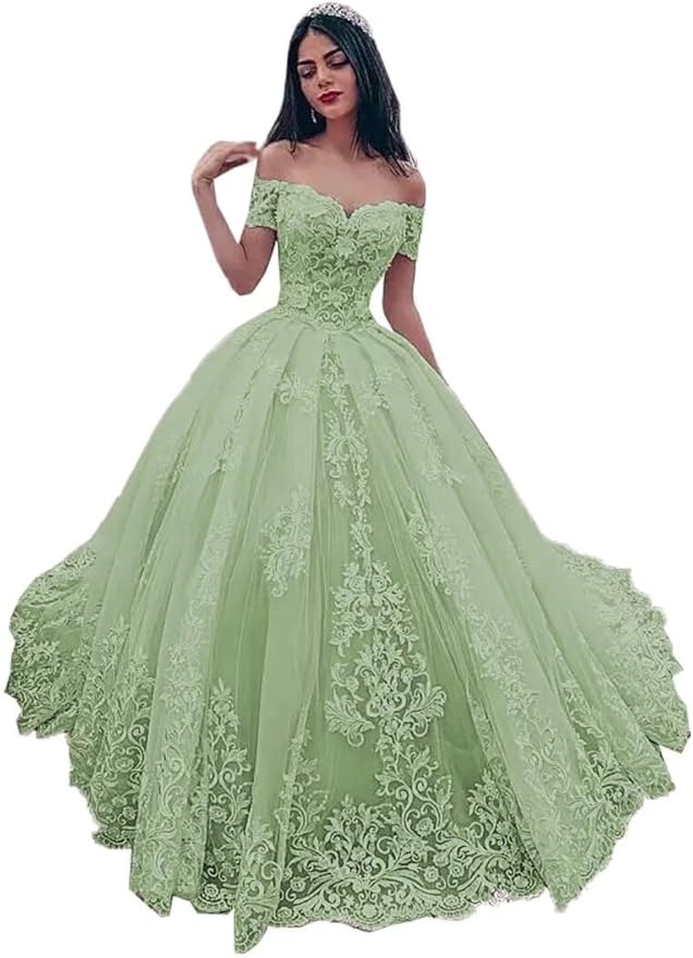 TRHTX Off Shoulder Lace Wedding Dresses for Bride Appliques Bridal Gowns for Women A-line Wedding Gowns with Train