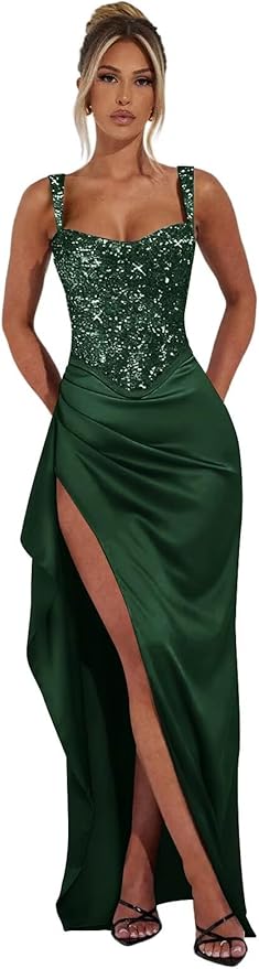Basgute Sparkly Sequin Prom Dresses for Women 2026 Mermaid Corset Long Slit Ball Gown Formal Evening Party Dress