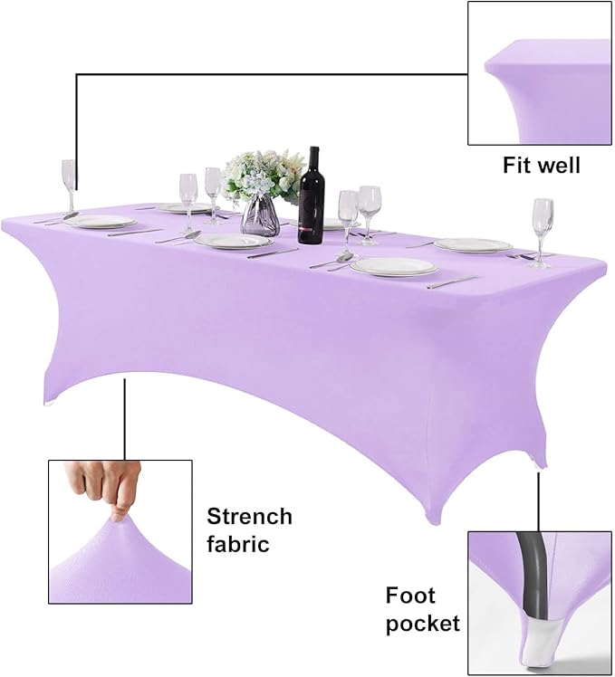 FORLIFE 4Pack Spandex Table Covers，Fitted Tablecloth for Rectangular Tables, Stretch Patio Table Covers, Universal Spandex Table Cover for Wedding, Banquet, Party (8ft, Lavender)