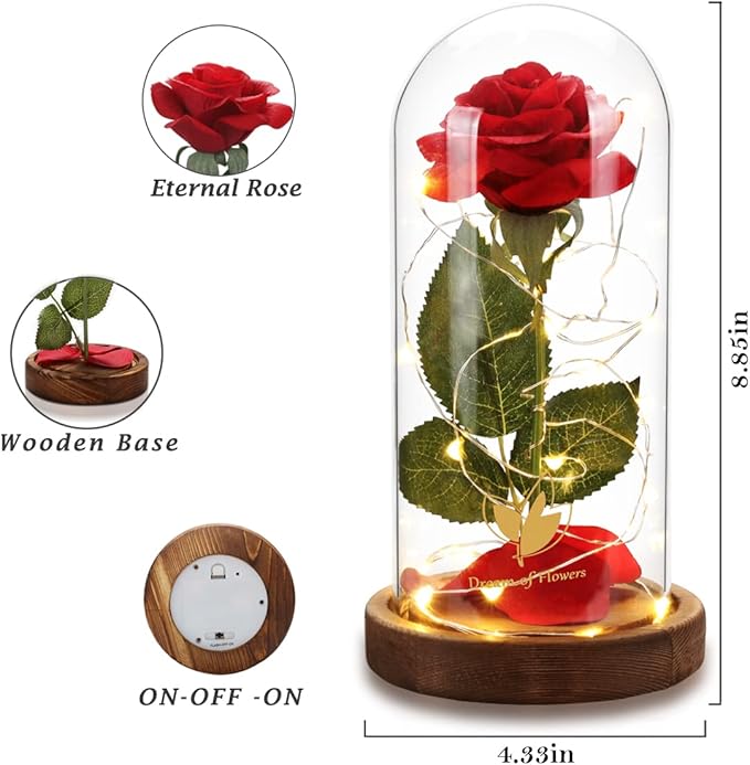 Valentines Day Gifts for Her Beauty and The Beast Rose,Red Rose in Glass Dome with 2 Lights Modes, Valentines Flower Gifts for Women Mom Wife Girlfriend on Valentines Anniversary,Birthday,Wedding