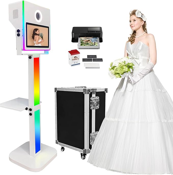 Mirror Photo Booth with Printer, 15.6" Touch Screen Selfie DSLR Photobooth Machine RGB Lights Stand for Events Wedding Party Flight Case (White Color+ Printer No Camera)