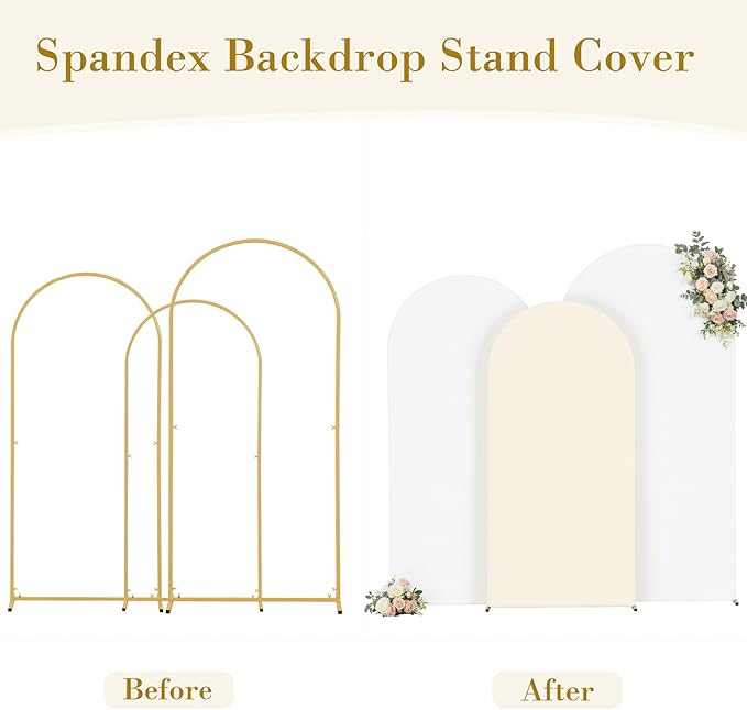 White and Beige Arch Cover 3 Set-7.2FT, 6.6FT, 6FT Arch Backdrop Cover Spandex Fitted 2- Color Fabric Stand Covers for Bridal Shower Baby Shower Birthday Party Wedding Photo Background Decorations
