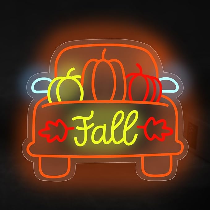 Thanksgiving Pumpkin Carriage Led Neon Sign, Fall Truck LED Light, Fall Thanksgiving Decor LED Neon Light Pumpkin Truck Neon Sign Autumn Home Farmhouse Decor,15.2"x13"
