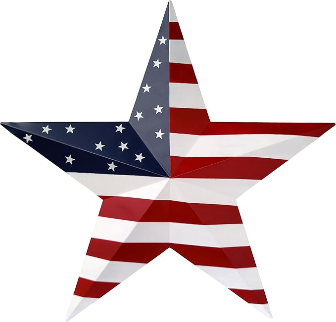 JoyEvy 23.4“ Patriotic Metal Barn Star Wall Decor, American Flag Stars for House Ornaments, Indoor Outdoor Wall Hanging Primitive Decor Star for 4th of July Decoration