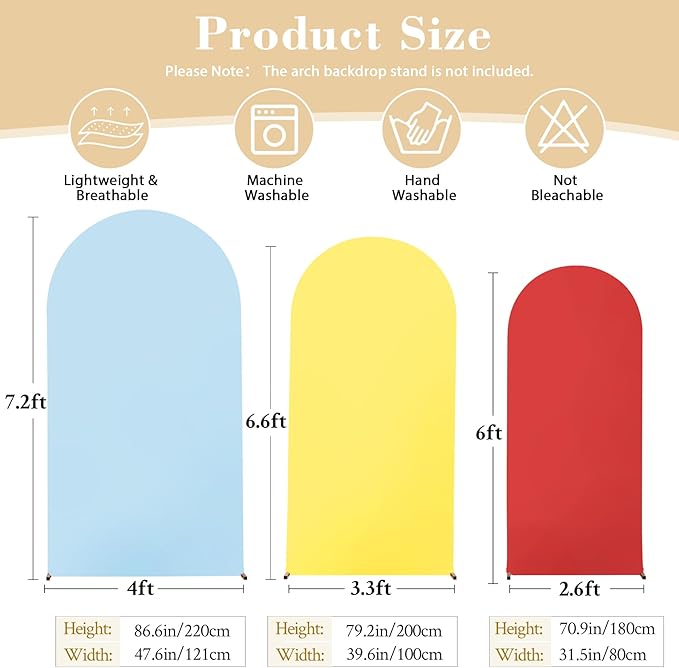 Red Yellow Blue Arch Backdrop Cover 3 Set-7.2FT, 6.6FT, 6FT Spandex Fitted Wedding Arch Stand Covers for Baby Shower Birthday Party Wedding Ceremony Photo Balloon Arch Stand Background Decorations