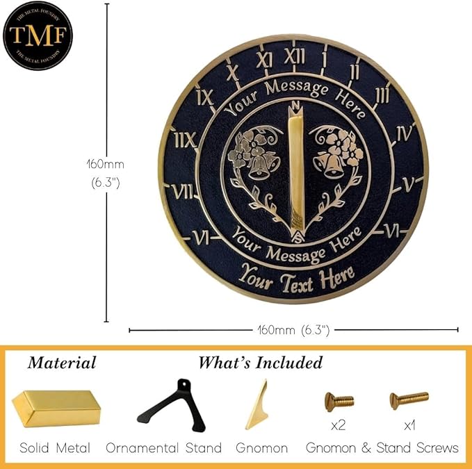 The Metal Foundry Personalized Large Sundial - Heavy Duty Recycled Brass Home Decor Or Garden Present Idea Made in The UK for Parents, Grandparents, Friends, Couples