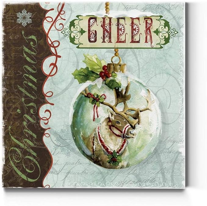 Renditions Gallery Christmas Cheer Ornament Wall Art, Cute Winter Decor, Festive Reindeer with Red & Green Holly, Premium Gallery Wrapped Canvas, Ready to Hang, 24 in H x 24 in W, Made in America