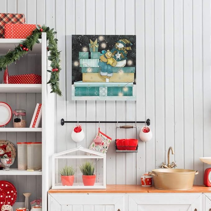 Renditions Gallery Snowman and Teddy Bear (1) Wall Art, Christmas & Winter Decor, Cute Pile of Presents, Premium Gallery Wrapped Canvas, Ready to Hang, 24 in H x 24 in W, Made in America