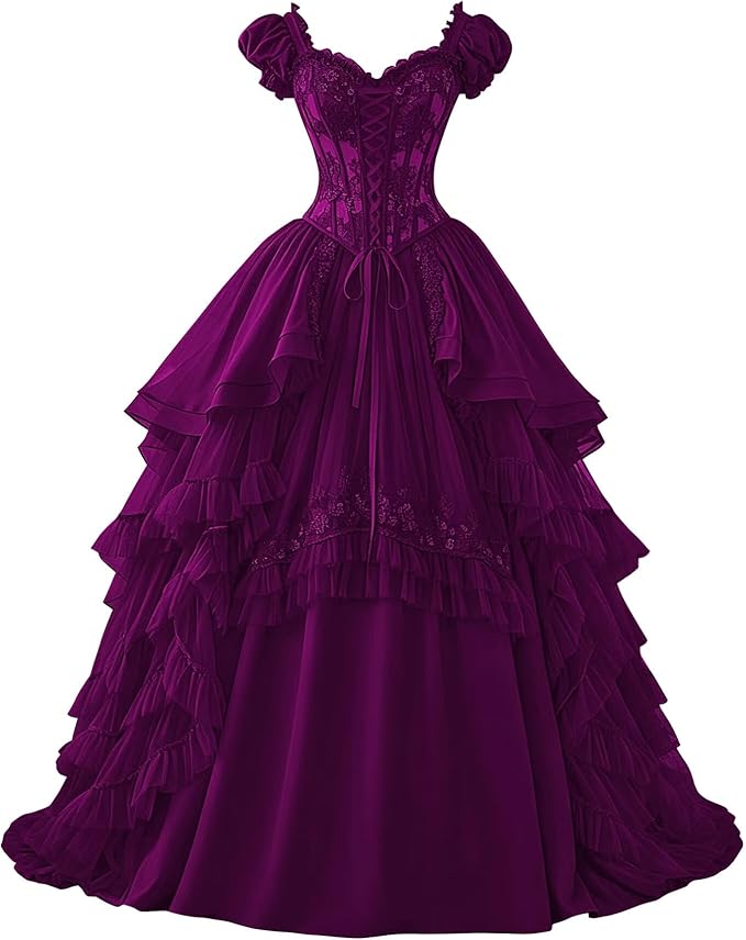 Ftupza Gothic Wedding Dresses Lace Appliques 1800s Victorian Dresses for Women Layered Tulle Prom Dress Long Ball Gown
