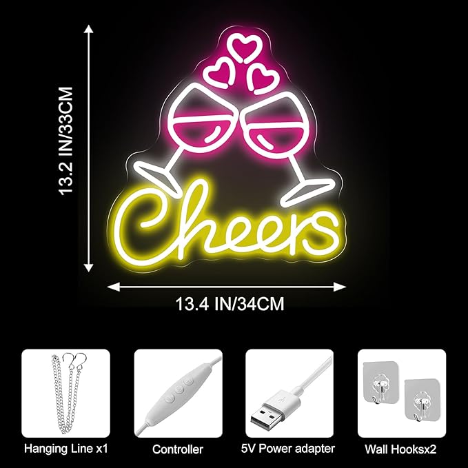 Cheers To Love Neon Sign for Wall Decor, Celebratory Champagne Glasses LED Neon Light for Wedding, Engagement Party, Anniversary & Valentine’s Day Decorations, Neon Wall Art for Bar & Date Night Decor 13.4"x13"