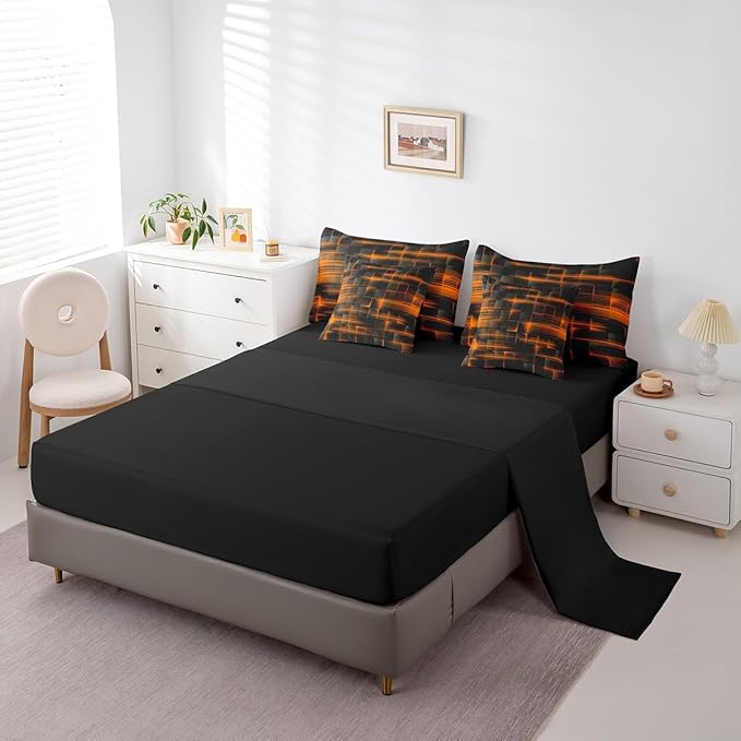 Feelyou Orange Black Bedding Set Full Size Boys Girls Geometric Strip Lines Comforter Set with Sheets 7 Piece for Bed in a Bag Abstract Modern Bed Set with Comforter,Sheets,Pillowcases