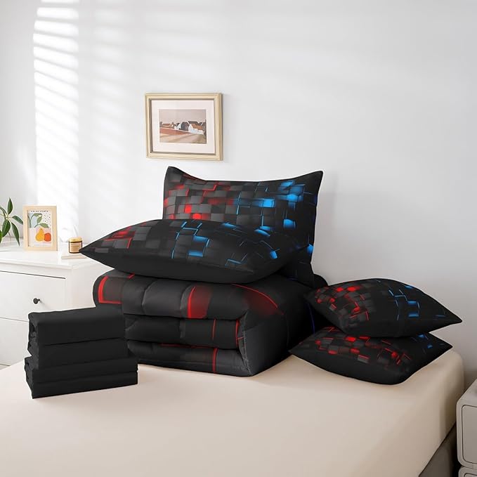 Feelyou Red and Blue Bedding Set Twin Size Kids Light Geometric Comforter Set with Sheets 7 Piece Bed in a Bag forModern Bed Set with Comforter,Sheets,Pillowcases,Cushion Covers