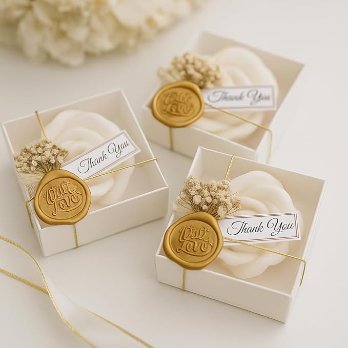 White Rose Petal Soy Wax Candles in Bulk – Rose Candle Wedding Favors for Guests, Personalized Candle Favors for Bridal Shower & Baby Shower Gifts – Dried Flower & Wax Seal Design (90 Pieces)