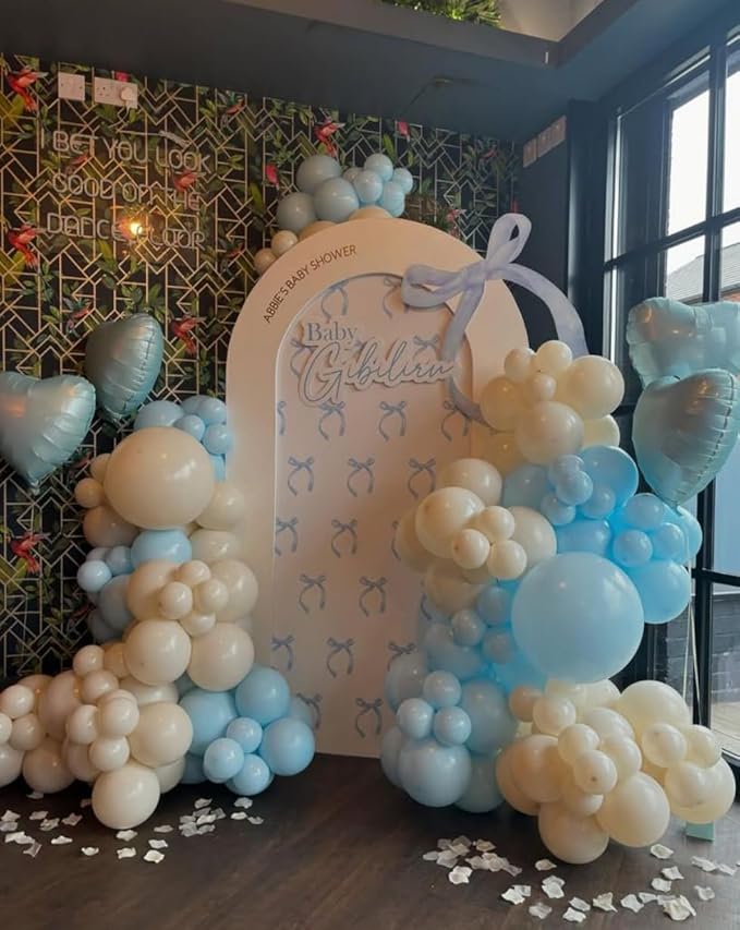 Blue Bows Birthday Party Arch Backdrop Covers Baby in Blooms Floral Baptism Shower Wedding Parties Decorations Top Round Arch Stand Spandex Cover (4098,7.2x4ft)
