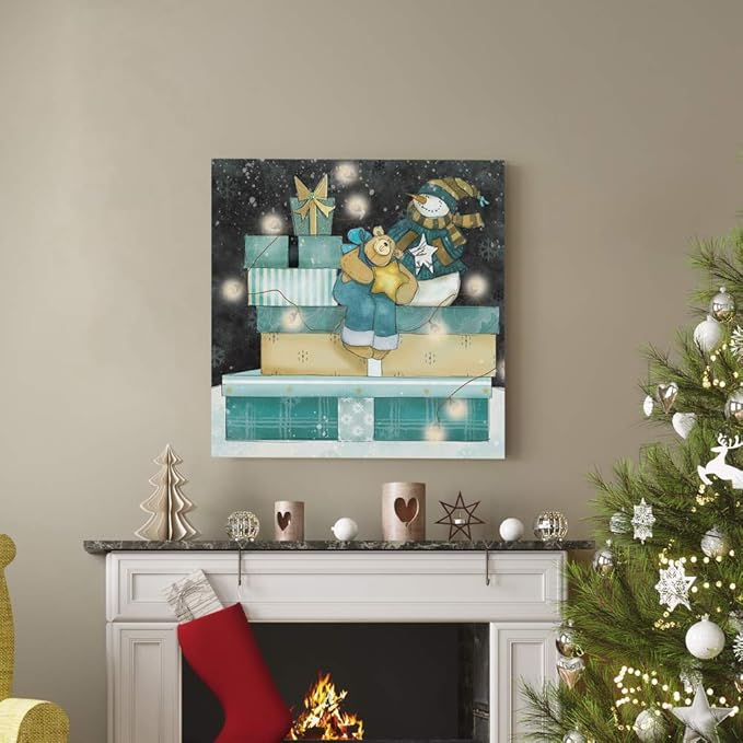 Renditions Gallery Snowman and Teddy Bear (1) Wall Art, Christmas & Winter Decor, Cute Pile of Presents, Premium Gallery Wrapped Canvas, Ready to Hang, 32 in H x 32 in W, Made in America