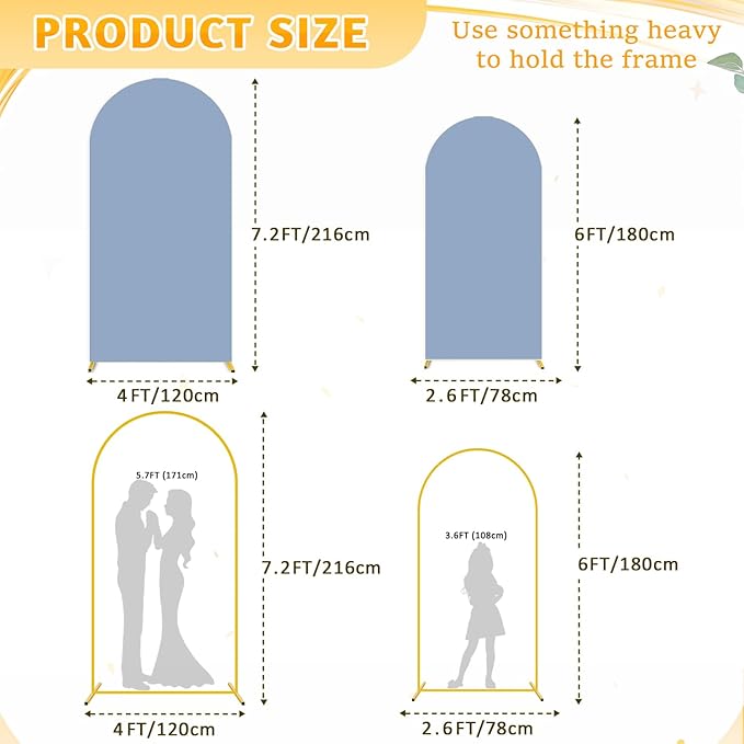 Set of 2 Arch Stand and Cover Set Dusty Blue Wedding Arch Cover 6&7.2ft Metal Arch Backdrop Stand and Covers Set Gold Arched Stands Backdrop for Bride Reception Wedding Party Decorations