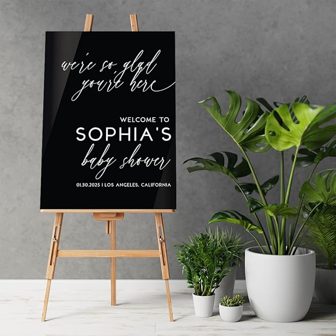 Andaz Press 16"x20" Black Acrylic Personalized Baby Shower Welcome Sign, Gender Neutral Modern Script Large Custom Sign for Easel Stand, Baby Shower Decorations