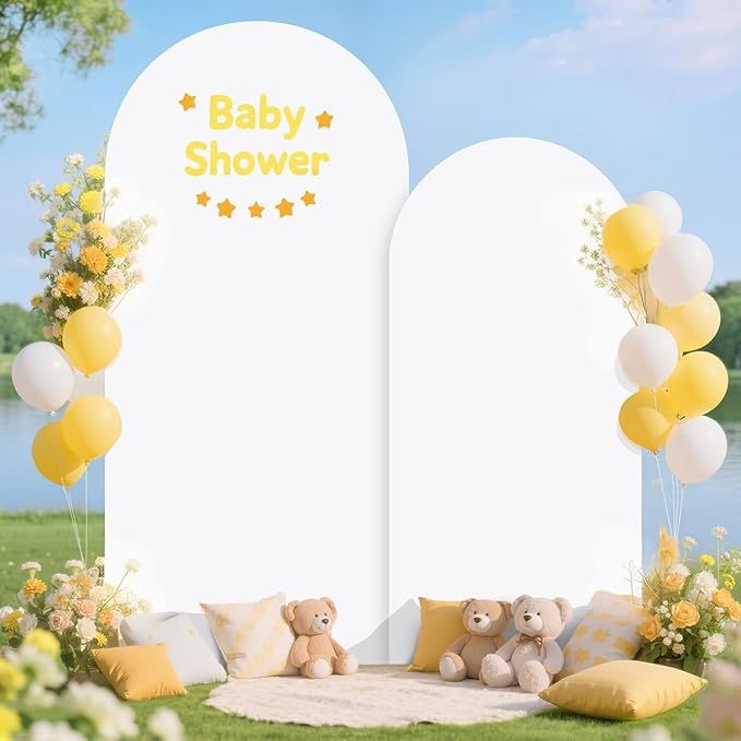 Arch Stand and Cover Set of 2 Metal Arch Backdrop Stand with White Arches Cover Spandex 7.2 and 6FT Wedding Arched Stands Backdrop for Birthday Bridal Baby Shower Celebration Party Decoration