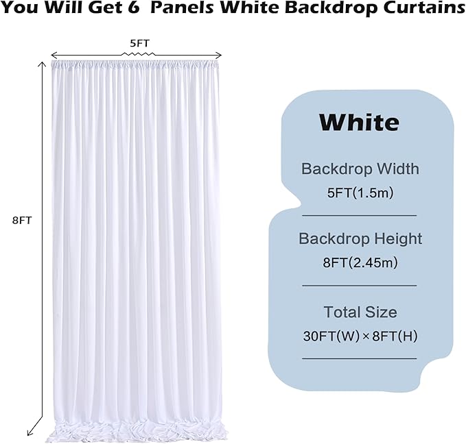 30ft x 8ft Wrinkle Free White Backdrop Curtains for Weddings Parties, 6 Panels 5x10ft Soft Silky Polyester White Photo Backdrop Drapes Back Drop Cloth for Birthday Christmas Photography Background