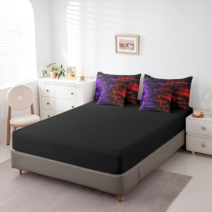 Feelyou Red and Purple Comforter Set with Sheets 7 Piece Queen Size Kids Geometric Bed in a BagStrip Lines Bedding Set Abstract Art Bed Set with Comforter, Sheets,Pillowcases,Cushion Covers