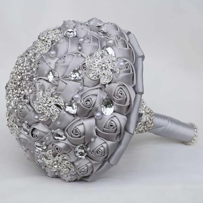 Silver Bridal Wedding Bouquet Handmade Luxury Rhinestone Brooch Pearl Bouquet for Bride Bridesmaid Quinceanera Satin Rose Artificial Flower Bouquet Wedding Silver 7.1in