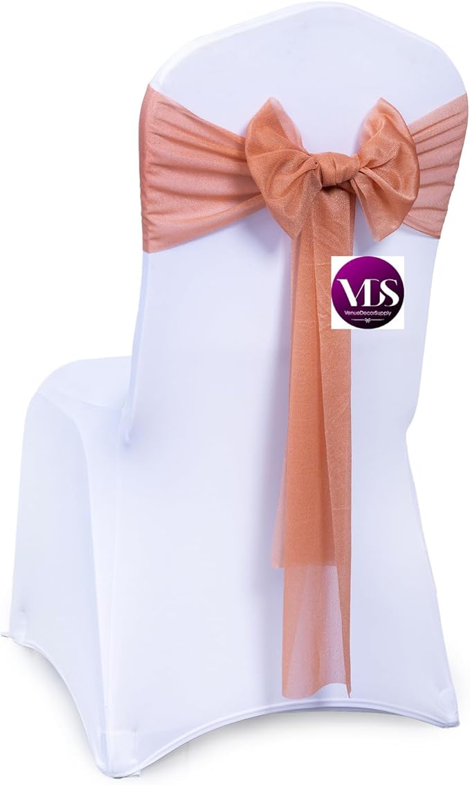 VDS Pack of 75, Coral Peach, Sheer Chiffon Chair Sashes Bows Chair Cover Back Tie Ribbon for Wedding Birthday Baby Shower Engagement Ceremony Event Party Banquet Restaurant Dining Chair Decoration