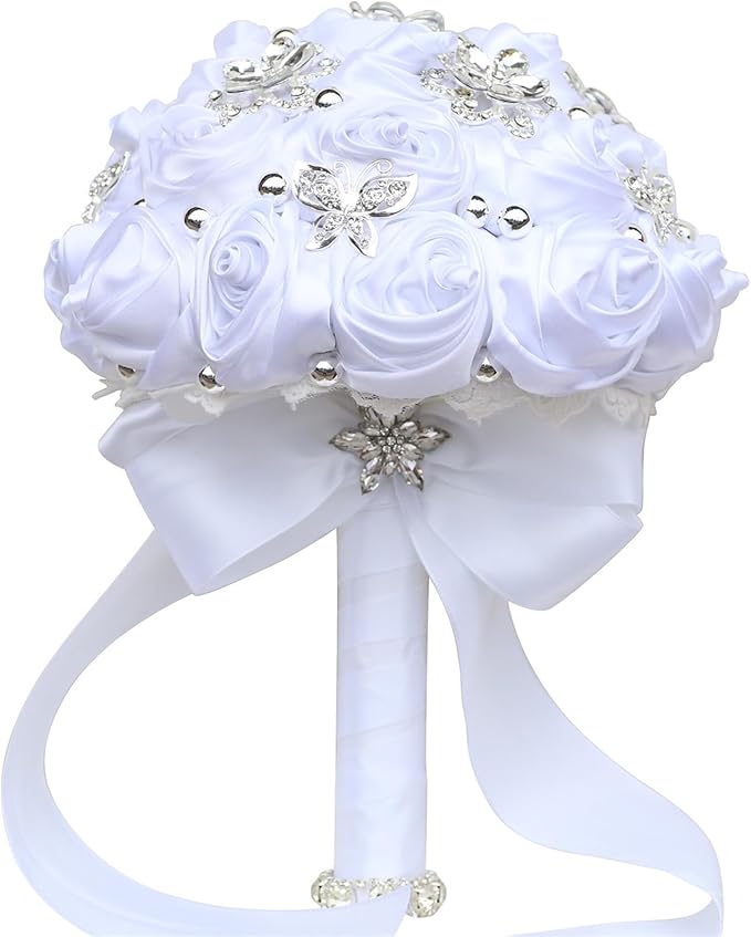 Bridal Wedding Bouquet for Bride Bridesmaid Wedding Quinceanera Throw Toss Artificial Rose Flower Bunch with Bling Brooch (AS#White, Medium (Dia. 8.7"/22cm))