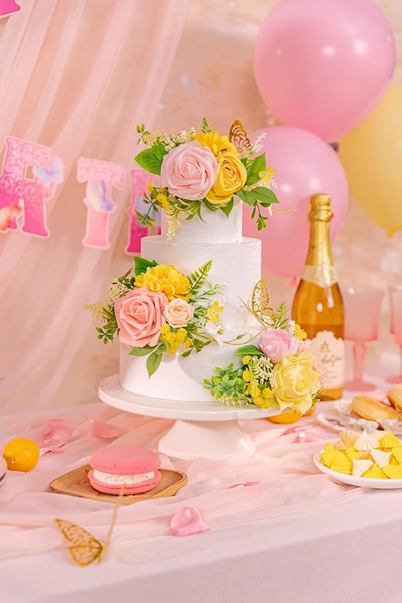 TINGE TIME 3Pcs Pre-made Cake Toppers，Silk Artificial Flowers Decor，Cake Decorations for Weddings, Birthdays, Party,Baby Shower,Celebration (PeachPink&Yellow)