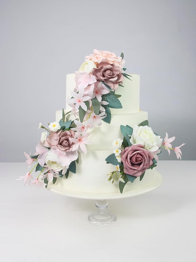 Rinlong 3Pcs Pre-made Cake Flowers Dusty Pink Cake Decorations Wedding Cake Decorating Flowers Decor Birthday Baptism Party Artificial Flowers Cake Toppers