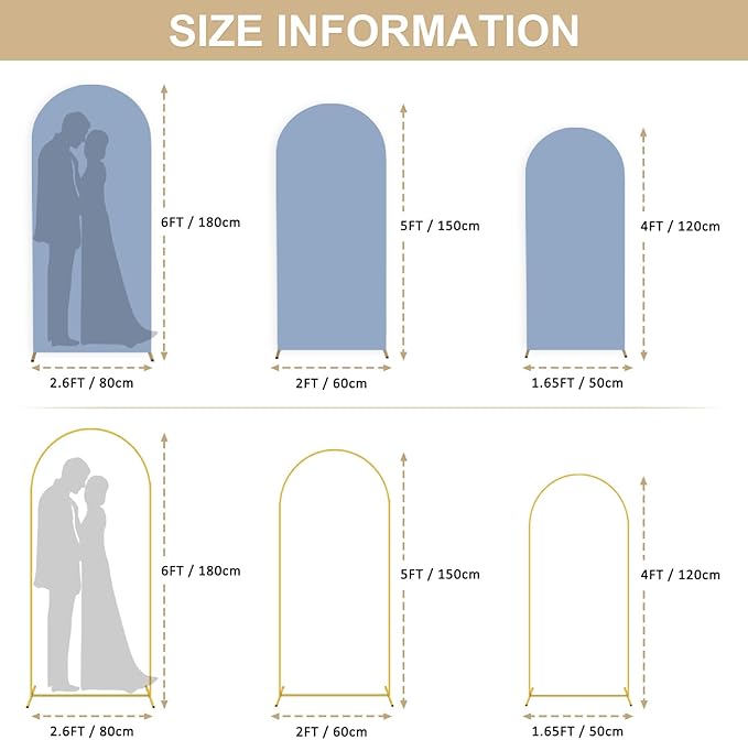 Arch Backdrop Stand and Cover Set of 3 4FT 5FT 6FT Wedding Arch Frame with Dusty Blue Spandex Fitted Arch Cover Balloon Arch Stand with Arches Cover for Wedding Birthday Graduation Decor