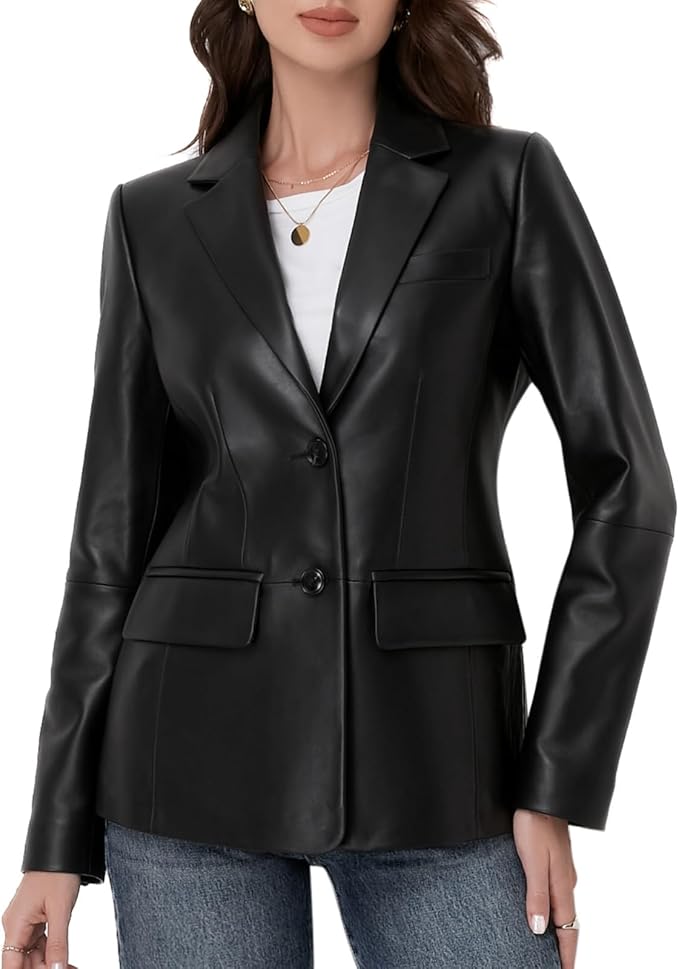 SILVER FASHIONS Lambskin Leather Jacket Women,Long Sleeve Button Front Leather Blazer,Notched Lapel Casual Style,Vent Detail