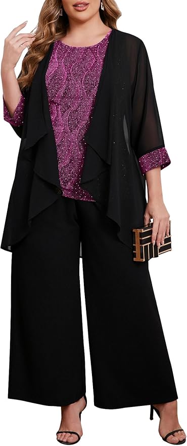 ZOMVA Plus Size 3 Piece Formal Pantsuit Sparkly Chiffon Jacket Set Dressy Outfit Mother of The Bride Groom Wedding Cocktail