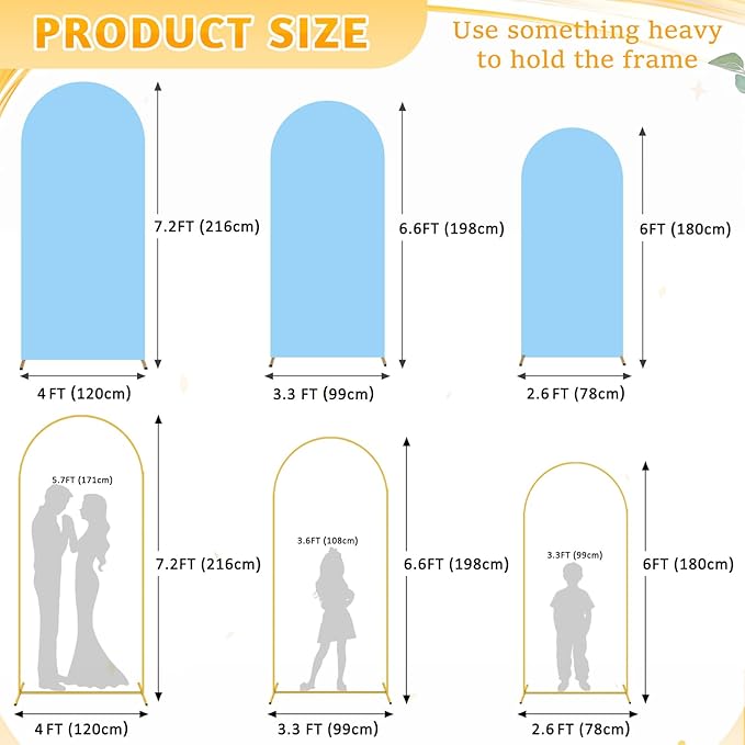 Backdrop Arch Stand with Cover 6&6.6&7.2ft Baby Blue Backdrop Arch Cover Set of 3 Metal Arch Backdrop Stand and Covers Set Gold Wedding Arched Frame for Wedding Party Banquet Event Decor