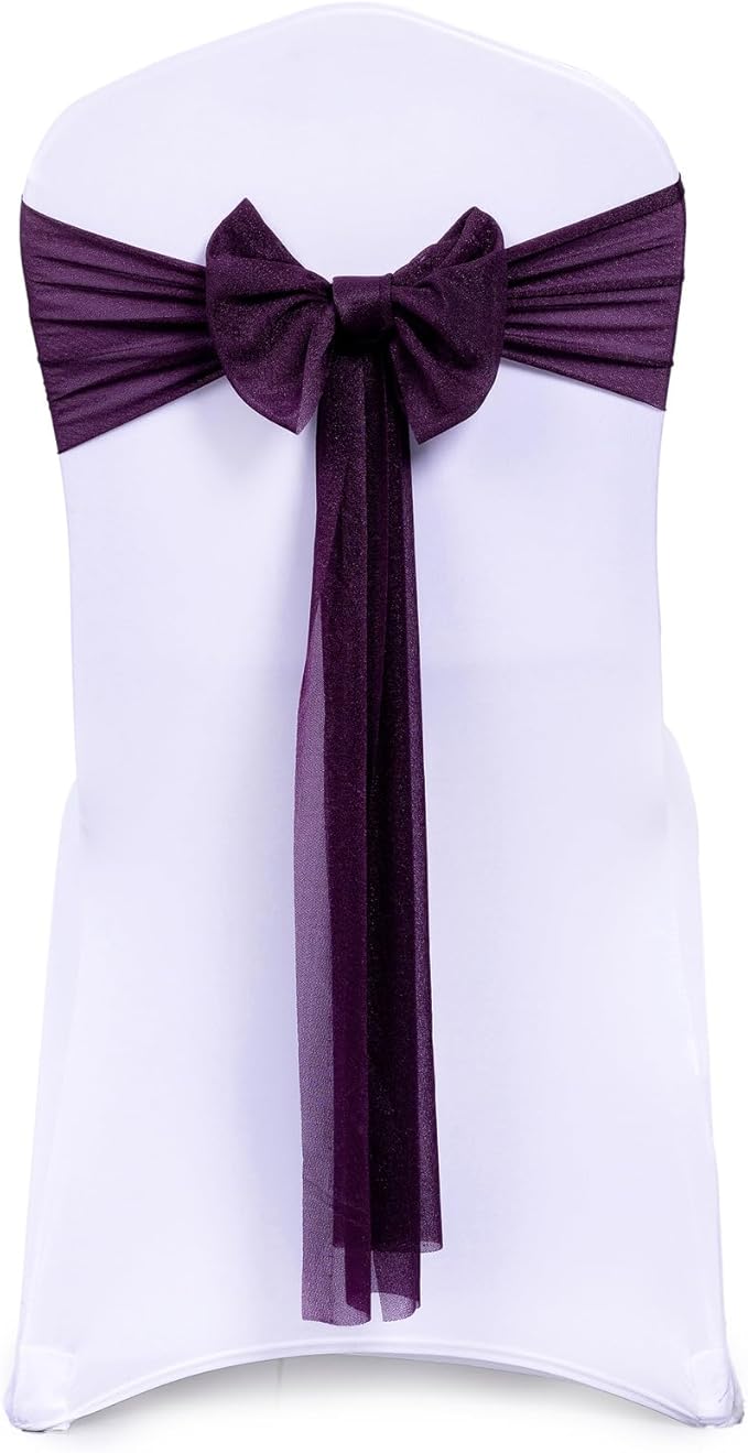 VDS Pack of 75, Eggplant, Sheer Chiffon Chair Sashes Bows Chair Cover Back Tie Ribbon for Wedding Birthday Baby Shower Engagement Ceremony Event Party Banquet Restaurant Dining Chair Decoration
