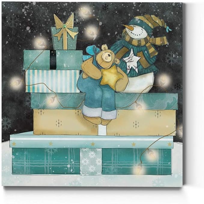 Renditions Gallery Snowman and Teddy Bear (1) Wall Art, Christmas & Winter Decor, Cute Pile of Presents, Premium Gallery Wrapped Canvas, Ready to Hang, 32 in H x 32 in W, Made in America