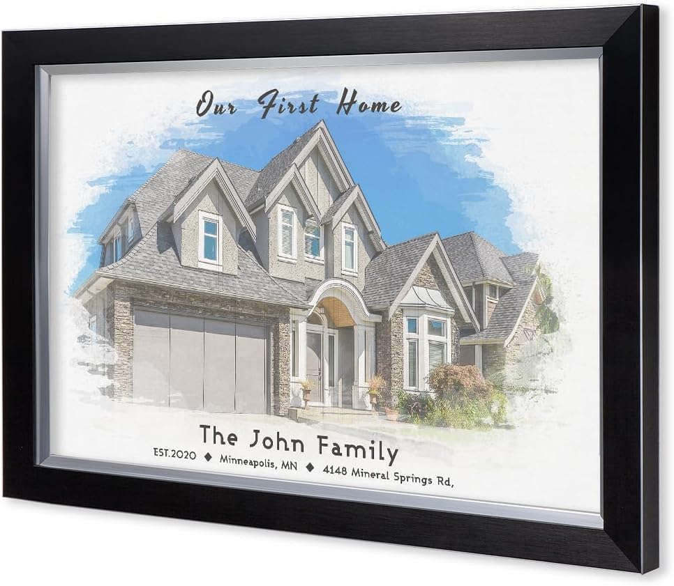 IPIC - Custom Watercolor House Portrait.Personalized Artwork with Names and Date on, Customized Gift for Anniversary,Wedding,Birthday and Holidays. Picture size: 30x20, Framed Size: 33x23