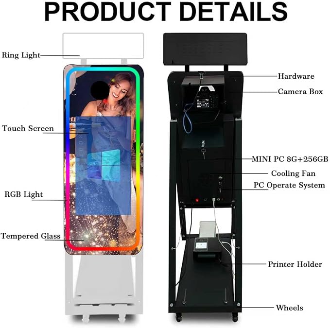 Magic Mirror Photo Booth,Mirror Photo Booth Interactive Touch Screen with Flight Case, Built-in Mini PC with Instant Print and Sharing for Event Party Wedding Rental (White, 21.5''Screen)