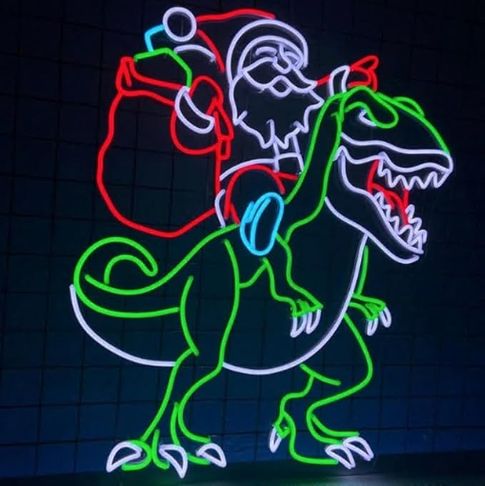Santa Riding Dinosaur Neon Sign, Santa Claus Led Sign, Xmas Led Light for Christmas Decor, Santa Claus Light Up Wall Art Size:24 inches