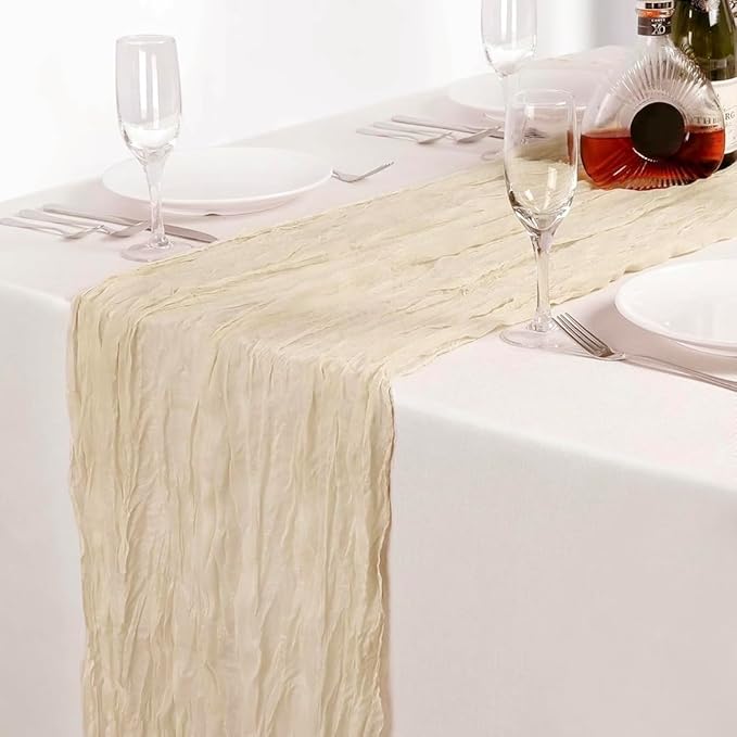 12 Pack Beige Cheesecloth Table Runners 35 x 120 Inch Rustic Boho Gauze Christmas Table Runner for Wedding Arch, Party Decoration, Bridal Shower, Reception, Farmhouse Dining Decor