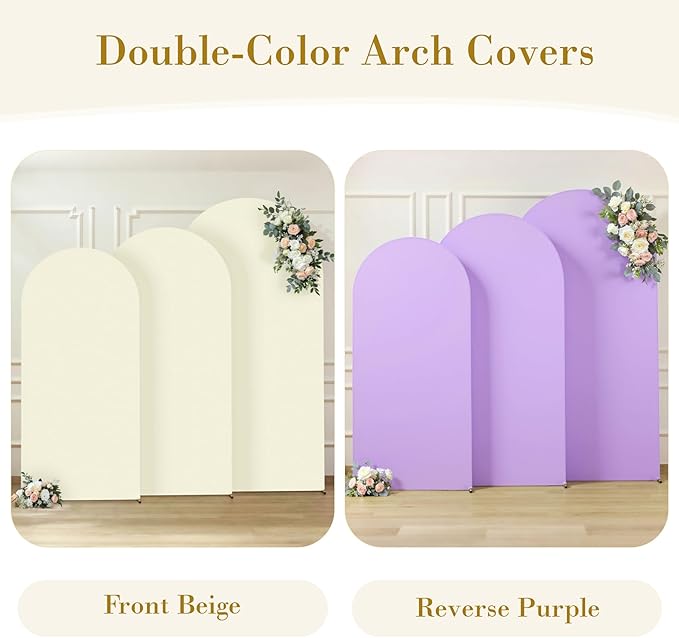 Beige and Purple Arch Cover 3 Set-7.2FT, 6.6FT, 6FT Arch Backdrop Cover Spandex Fitted 2- Color Fabric Arch Stand Covers for Baby Shower Birthday Party Wedding Bridal Shower Photo Background