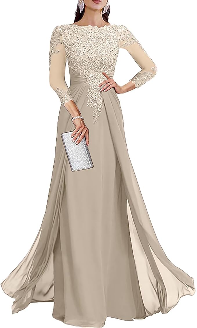 Long Sleeve Mother of The Bride Dresses for Wedding Lace Appliques Chiffon Formal Dress He6052