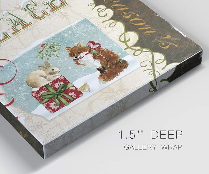 Renditions Gallery Christmas Peace Wall Art, Cute Winter Decor, Festive Rabbit, Fox, and Bird with Present, Premium Gallery Wrapped Canvas, Ready to Hang, 24 in H x 24 in W, Made in America