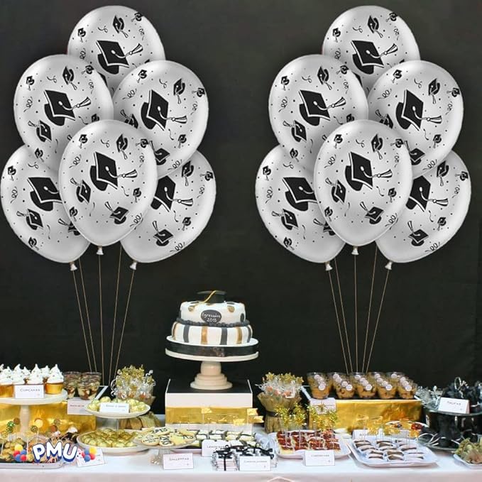 PMU 100 Pcs Silver Graduation Balloons Class of 2025 with All-Over Print White Grad Caps-Confetti and Streamers | Graduation Party Supplies | Congratulations Grad Latex Balloons Latex