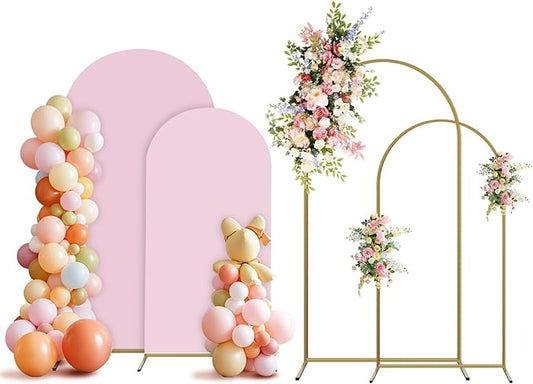 Arch Backdrop Stand and Cover Set, 2 Metal Balloon Arch Backdrop 7.2ft 6ft, Gold Arched Stand Frame for Wedding, Parties,Birthday, Event Decorations (Pale Pink,7.2ft+6ft)
